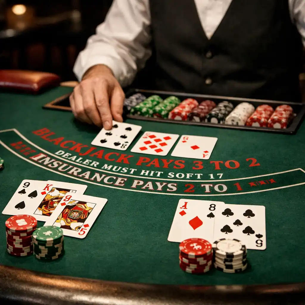 Table de blackjack physique avec cartes distribuées et jetons