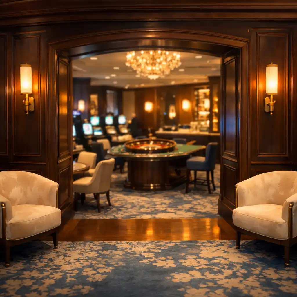 Entrée élégante de l’espace casino avec boiseries sombres, éclairage tamisé et tables de jeu en arrière-plan