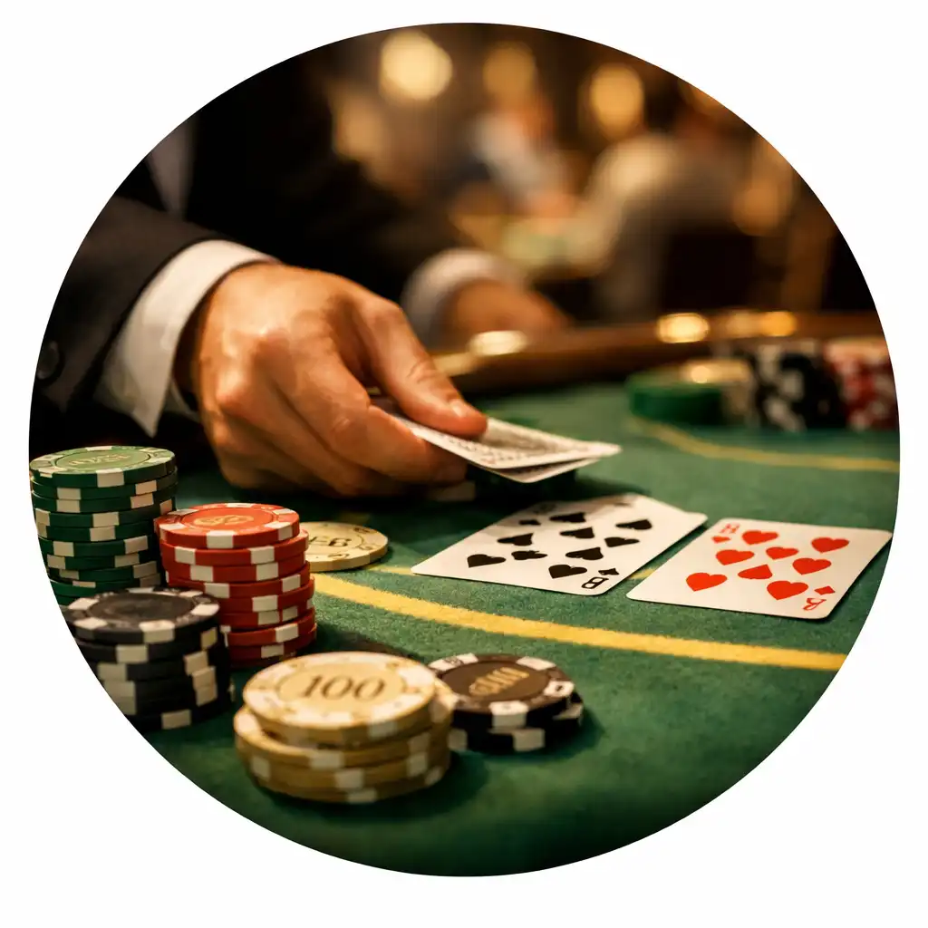 Gros plan sur une table de jeu avec jetons colorés, cartes et main d’un croupier