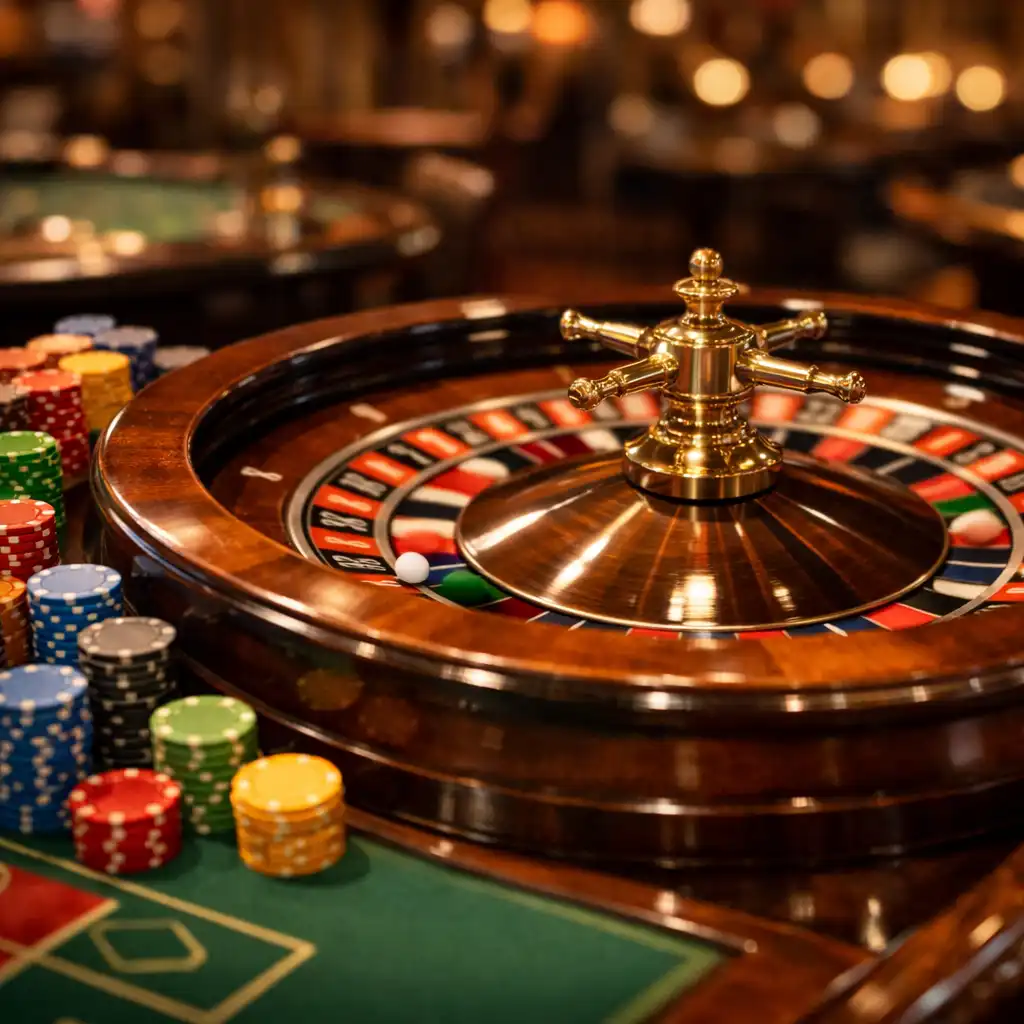 Table de roulette de casino physique avec jetons colorés