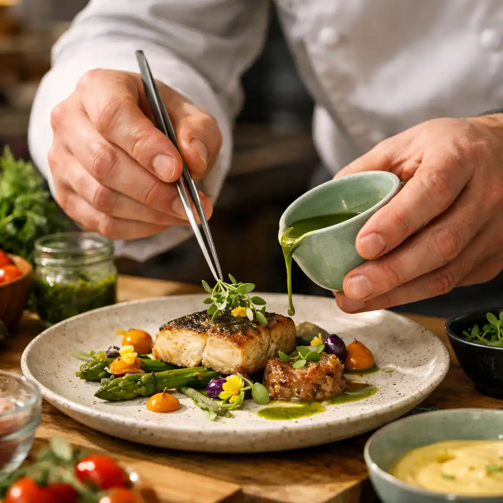 Chef cuisinier dressant un plat gastronomique dans une cuisine professionnelle