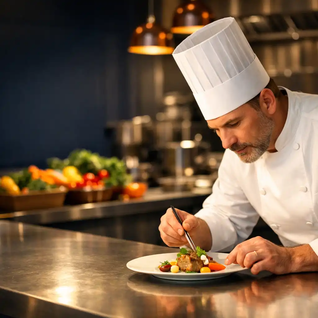 Chef dressant une assiette avec précision dans une cuisine professionnelle