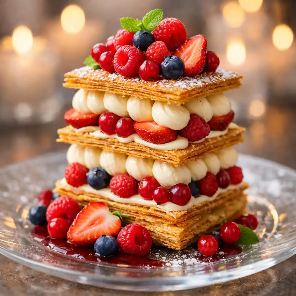 Dessert élégant de millefeuille revisité avec fruits rouges