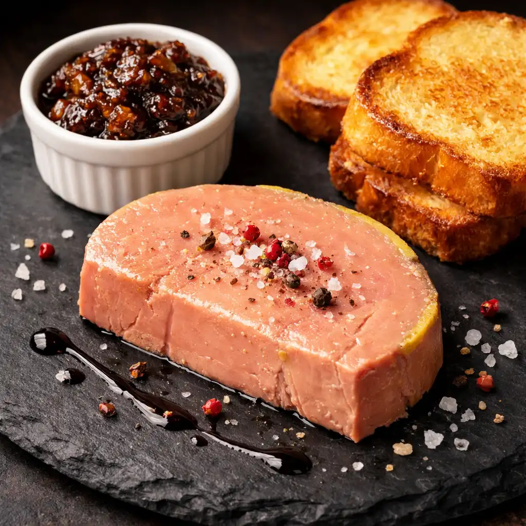 Foie gras de canard mi-cuit avec chutney de figues et pain brioché
