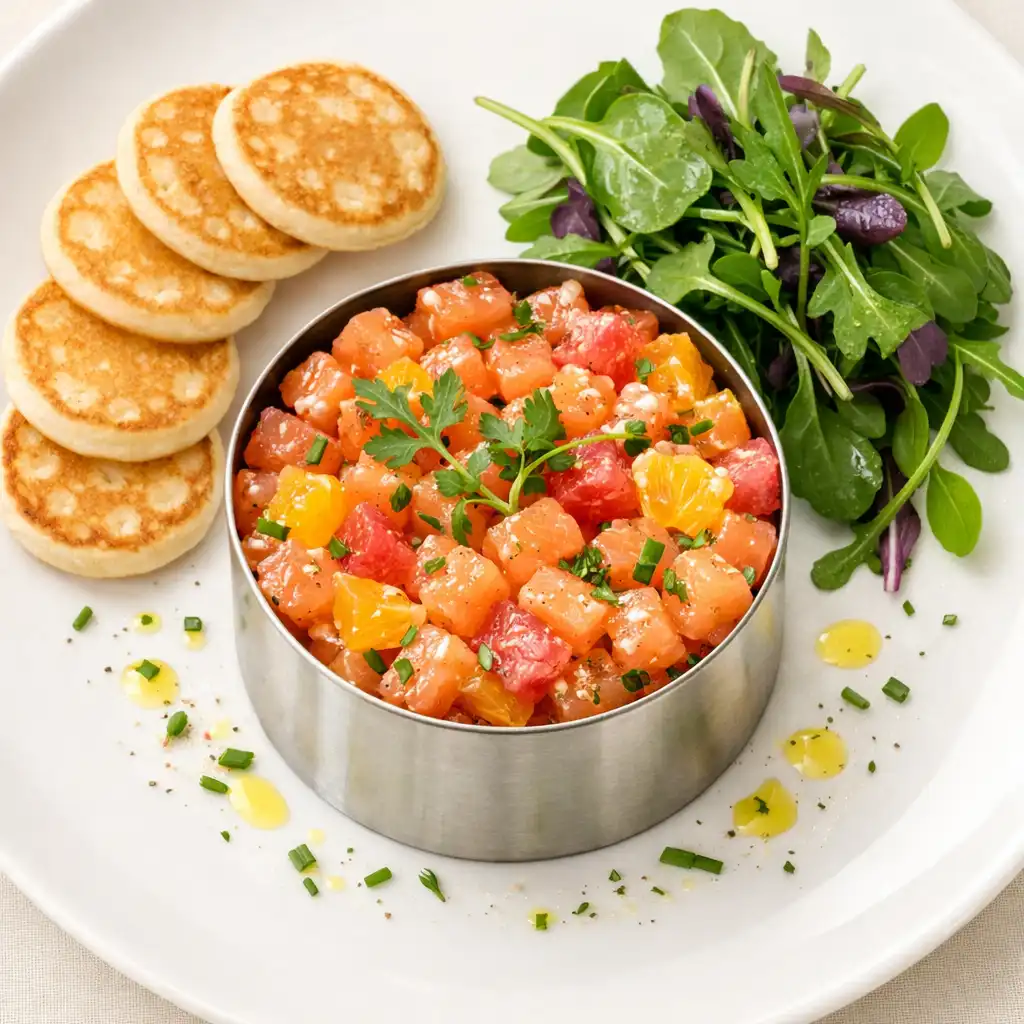 Tartare de saumon aux agrumes avec blinis et jeunes pousses