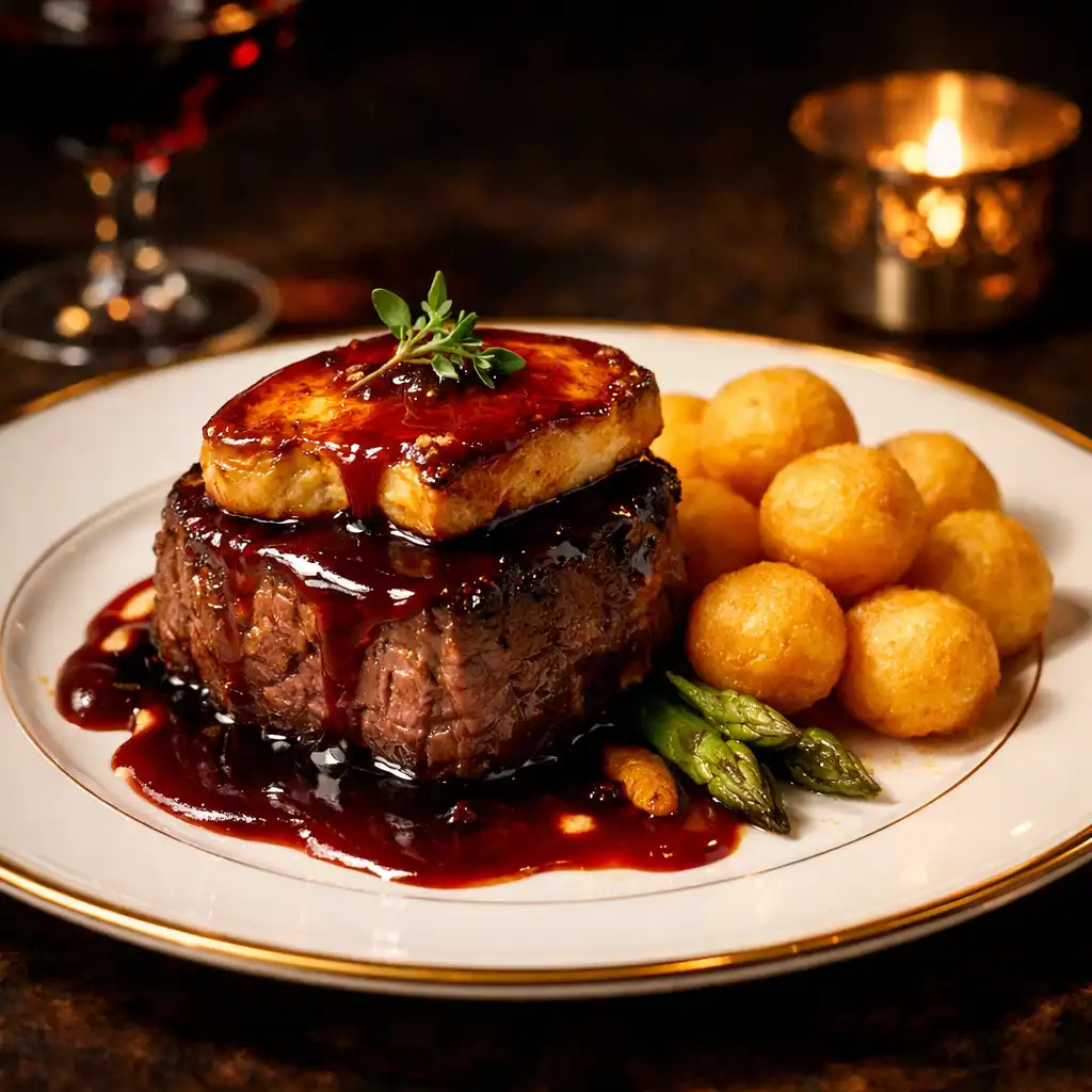 Filet de bœuf Rossini avec foie gras poêlé, sauce au vin rouge et pommes dauphine dorées