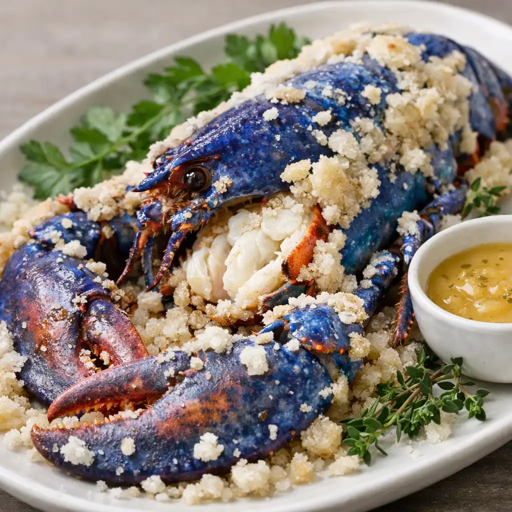 Homard bleu cuit en croûte de sel présenté sur un plat en céramique blanche avec herbes fraîches