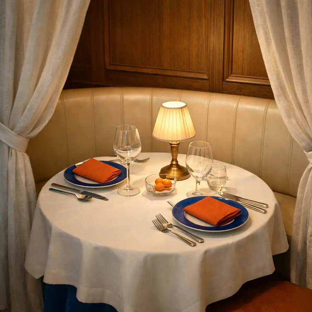 Coin tranquille du restaurant avec banquette en cuir, table pour deux et lampe à abat-jour