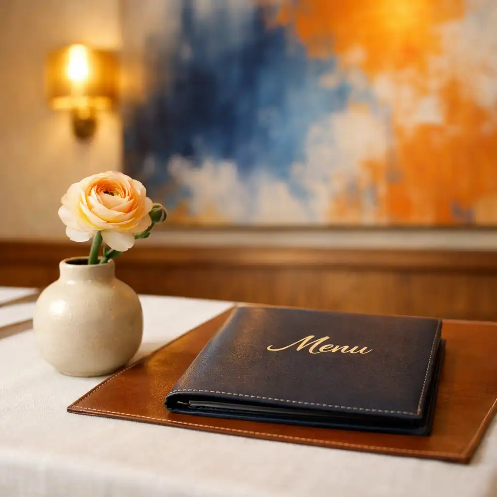 Gros plan sur un détail de décoration : table en chêne, vase en céramique et mur avec peinture abstraite