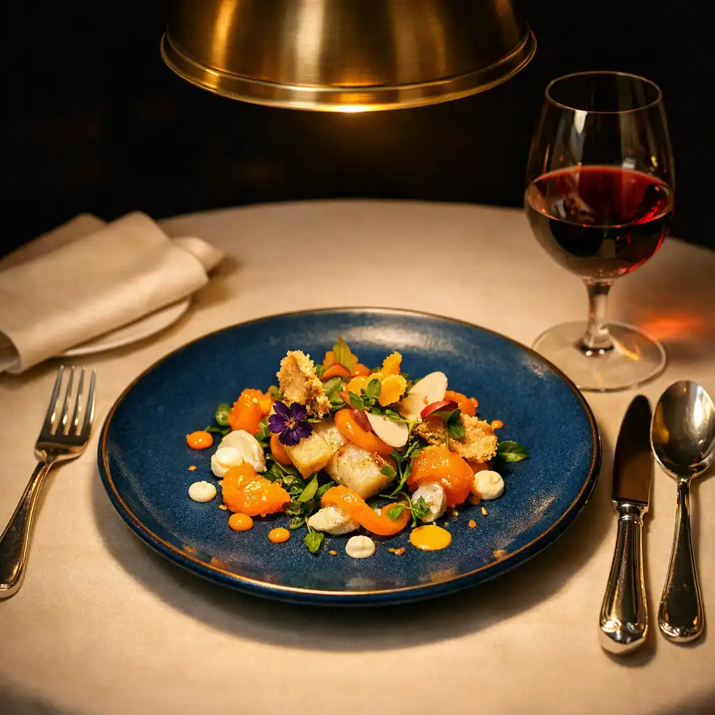 Table de restaurant éclairée par une suspension en laiton avec un plat gastronomique mis en valeur