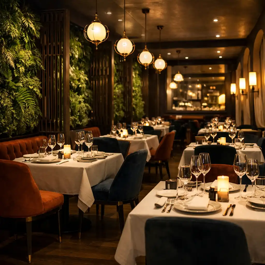 Intérieur élégant du restaurant avec tables dressées et luminaires tamisés
