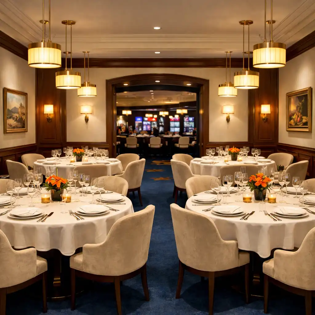 Vue d'ensemble de la salle principale du restaurant Saveurs de la Table avec tables dressées et éclairage chaleureux