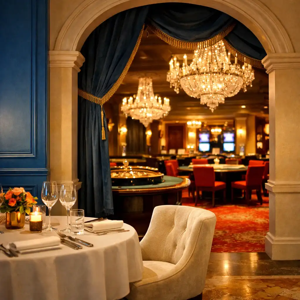 Vue de l'entrée du casino depuis le restaurant, avec tables de jeu faiblement éclairées au loin