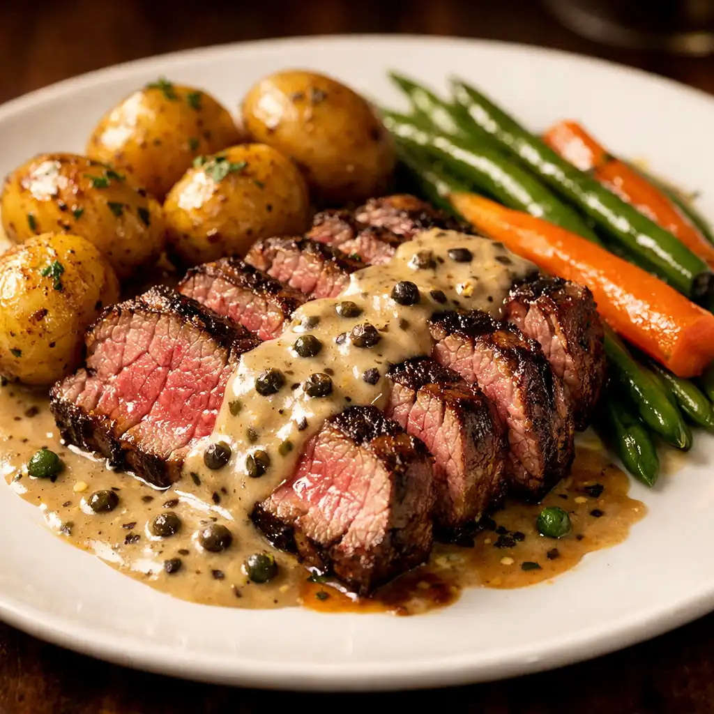 Filet de bœuf grillé sauce au poivre avec pommes grenaille et légumes