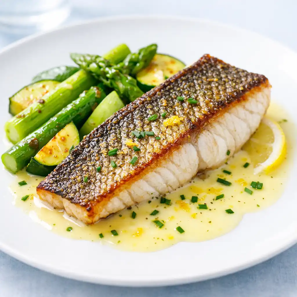 Loup de mer rôti au beurre blanc avec légumes croquants