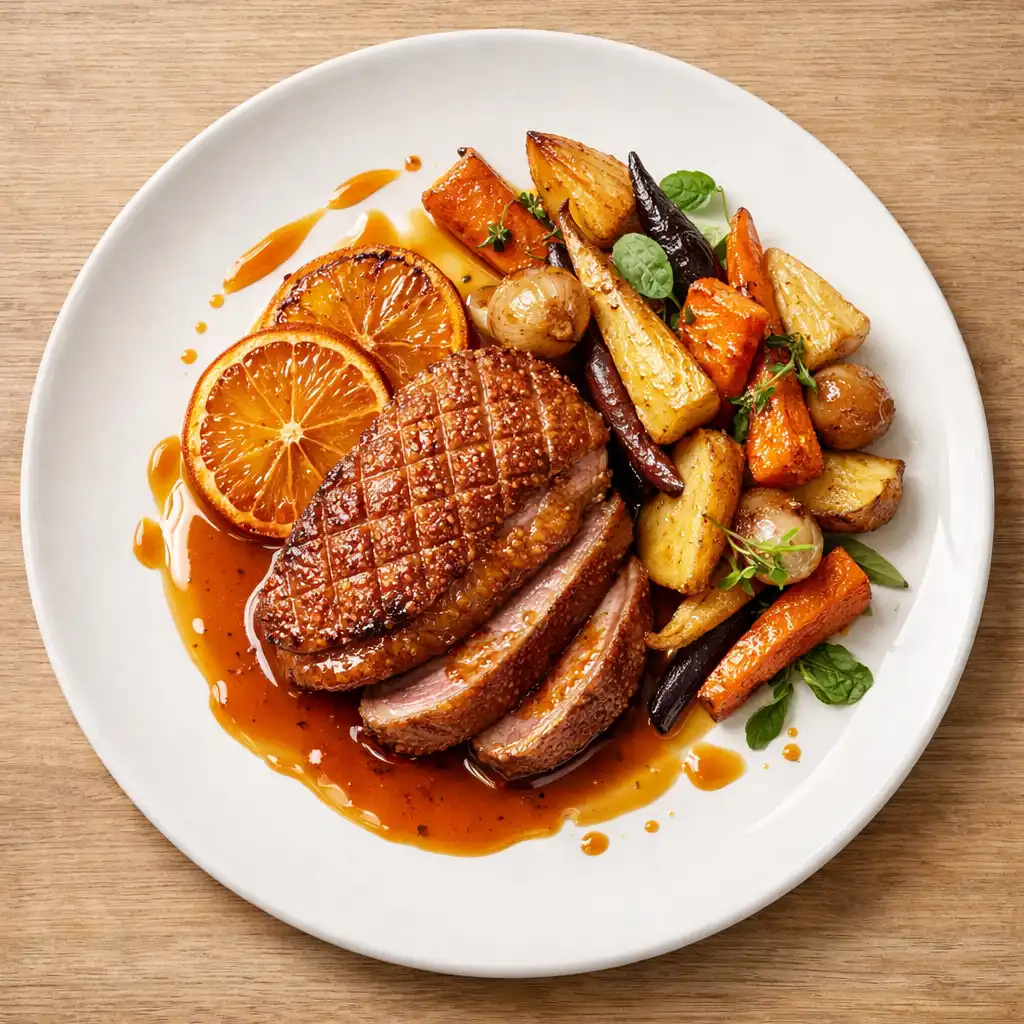 Plat signature de canard à l'orange avec peau croustillante