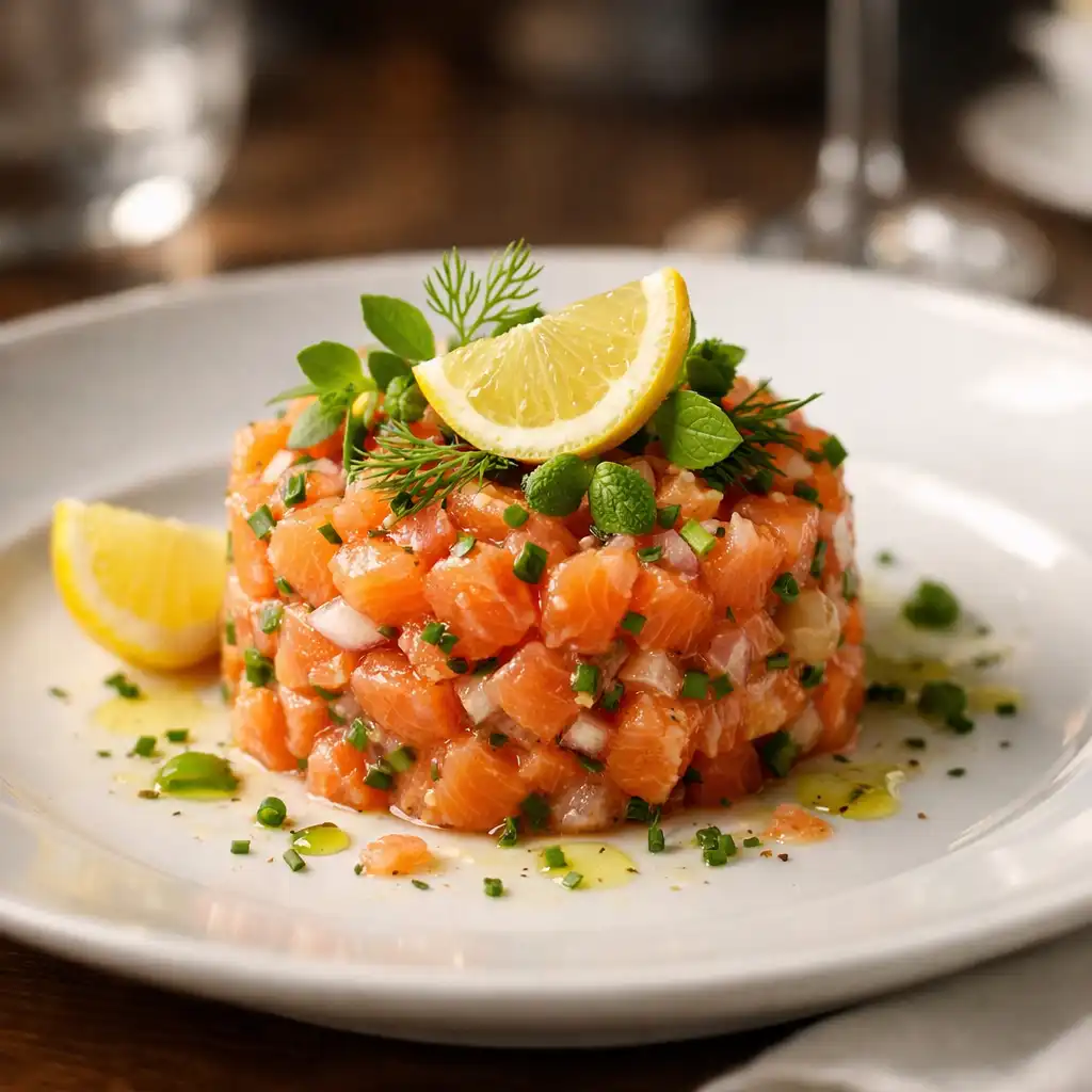 Plat d'entrée raffiné avec tartare de saumon et herbes fraîches
