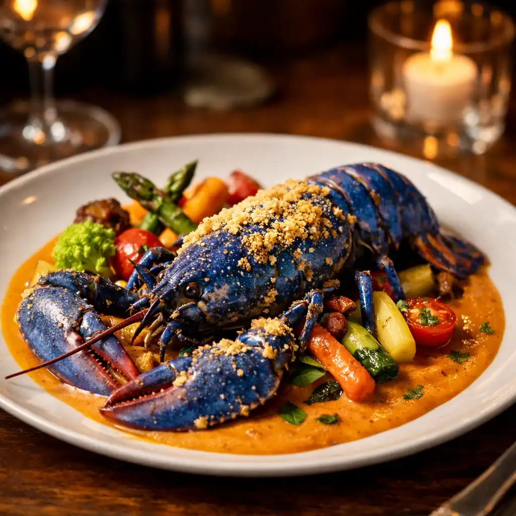 Plat signature gastronomique avec homard bleu en croûte de sel, légumes colorés et bisque onctueuse sur une table élégante