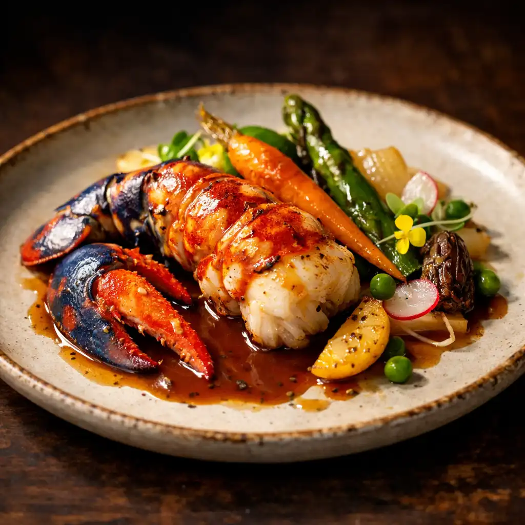 Plat signature de homard bleu rôti avec légumes de saison