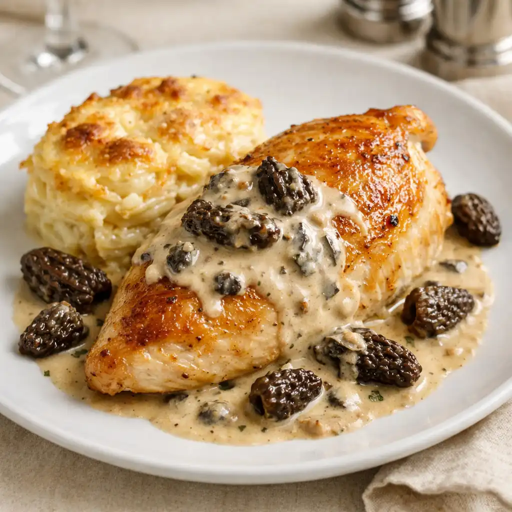 Suprême de volaille aux morilles avec gratin dauphinois