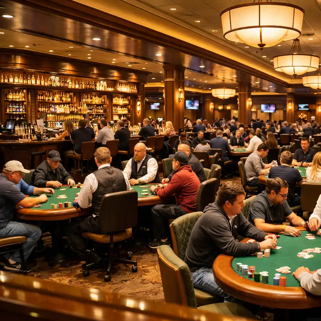 Vue d’ensemble d’une salle de poker dans un casino physique, avec plusieurs tables occupées et un bar élégant en arrière-plan