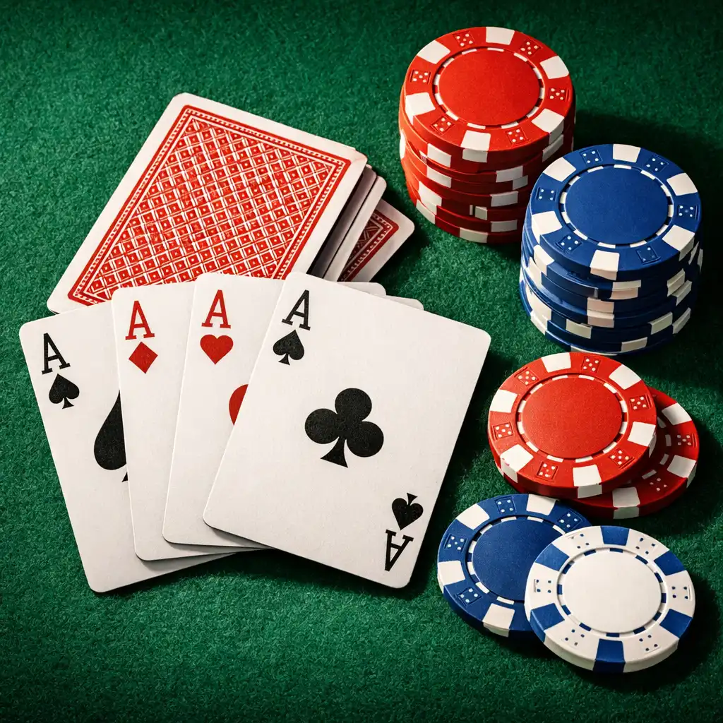 Gros plan sur des cartes à jouer et des jetons de poker disposés sur un tapis vert