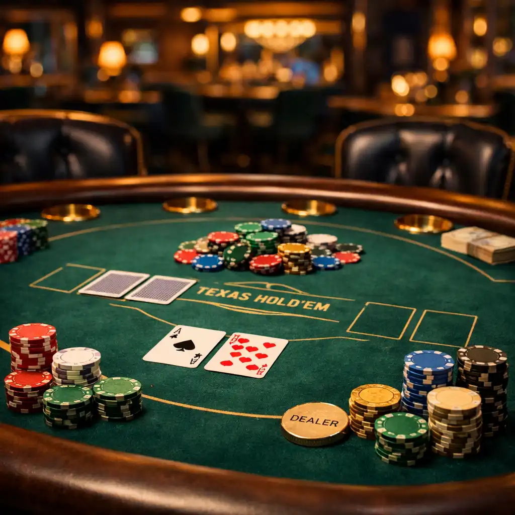 Table de poker élégante dans un casino physique haut de gamme, avec tapis vert, jetons colorés et cartes sous un éclairage tamisé
