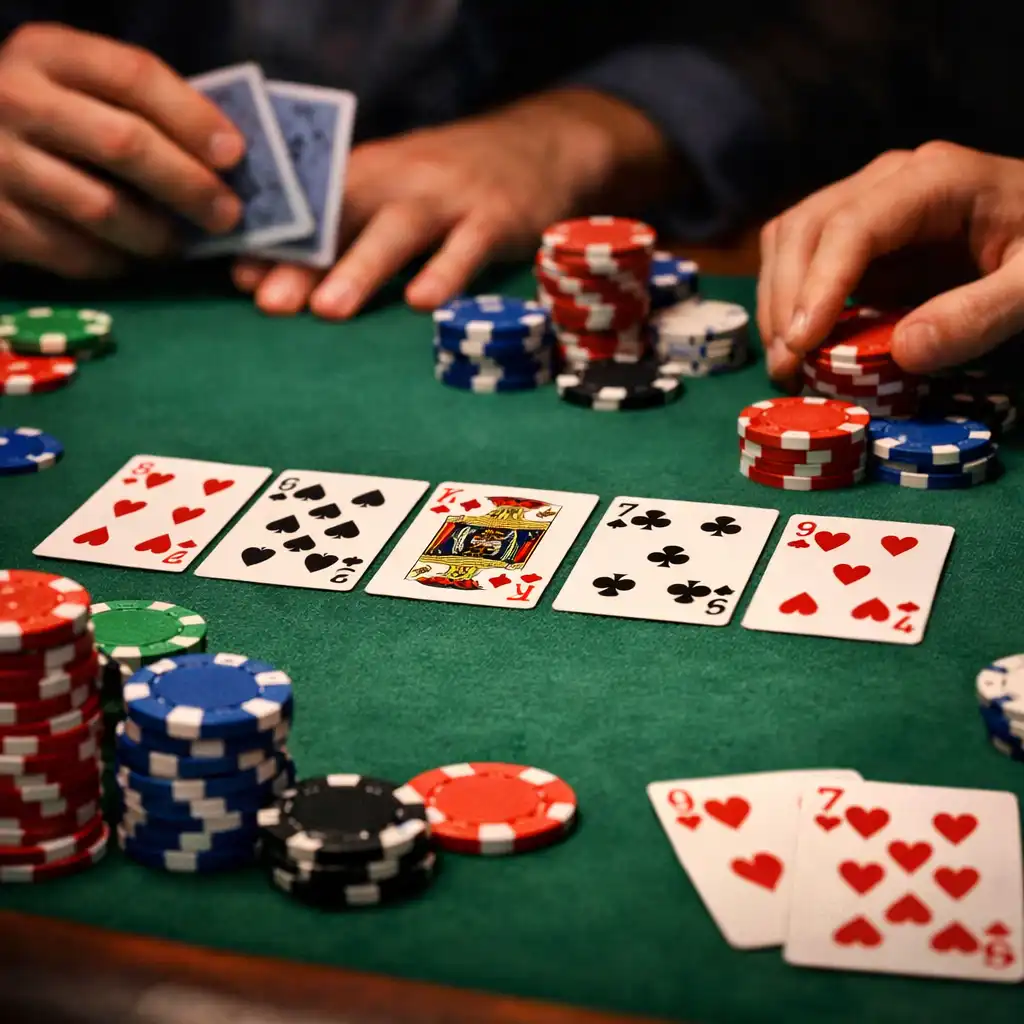 Table de poker physique avec cartes, jetons et mains de joueurs