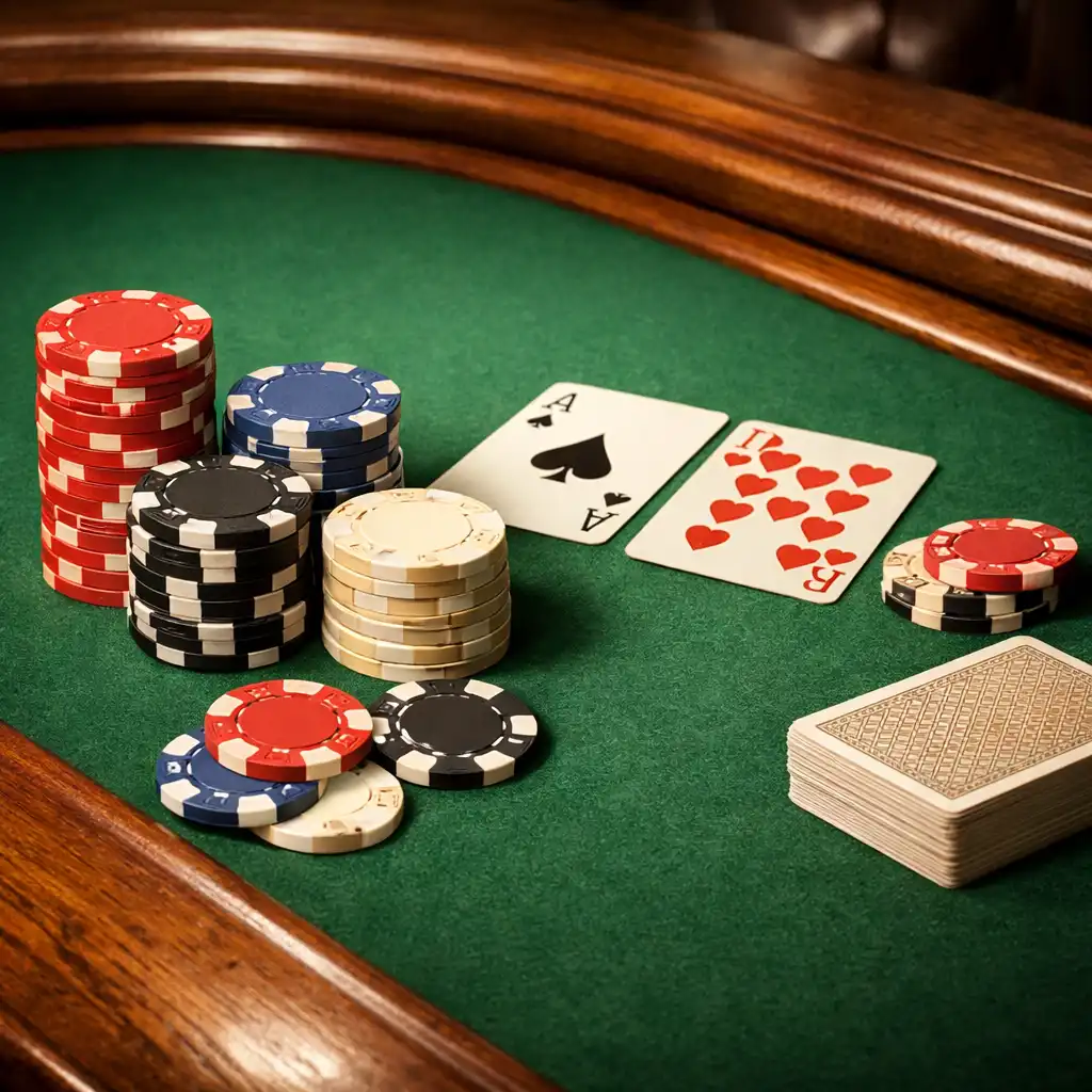Gros plan sur une table de poker classique en bois massif avec tapis vert et jetons empilés