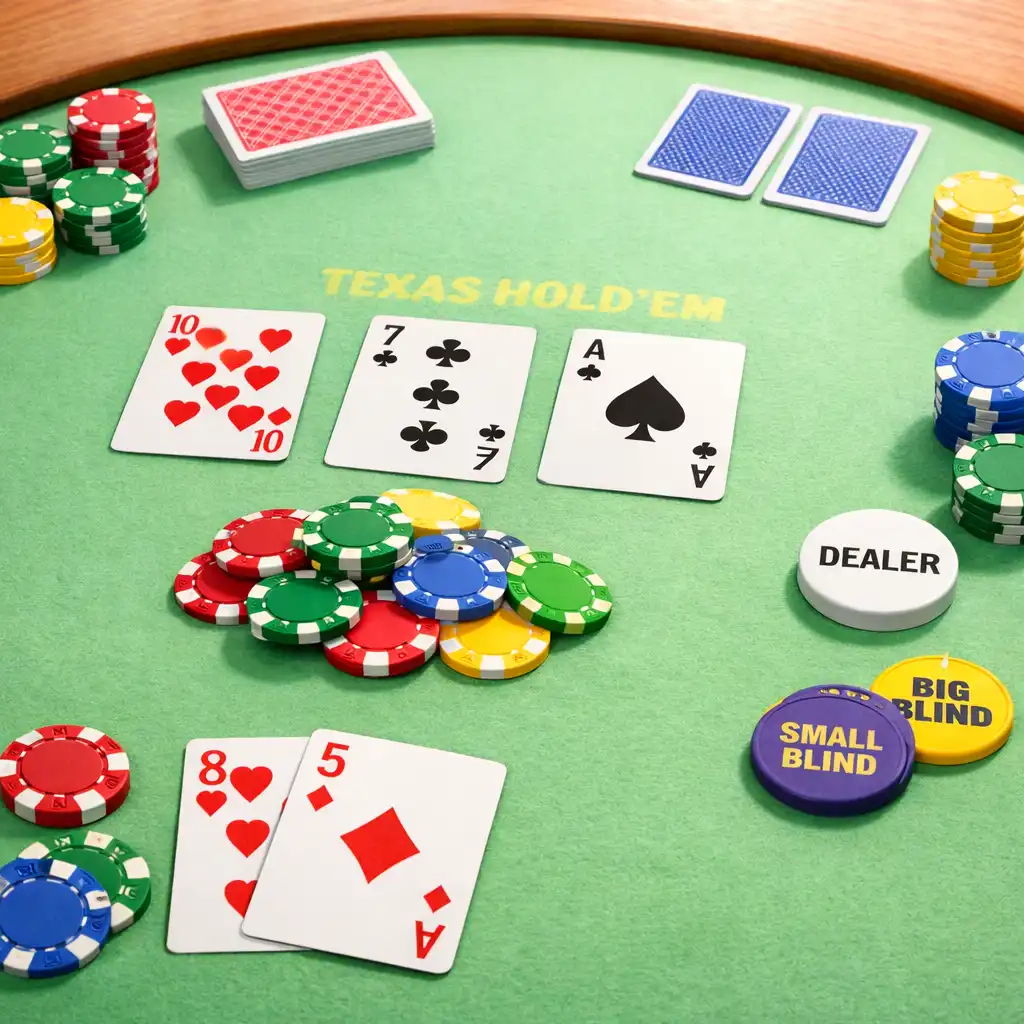 Table de poker pour débutants avec des jetons de couleurs vives et un tapis vert clair