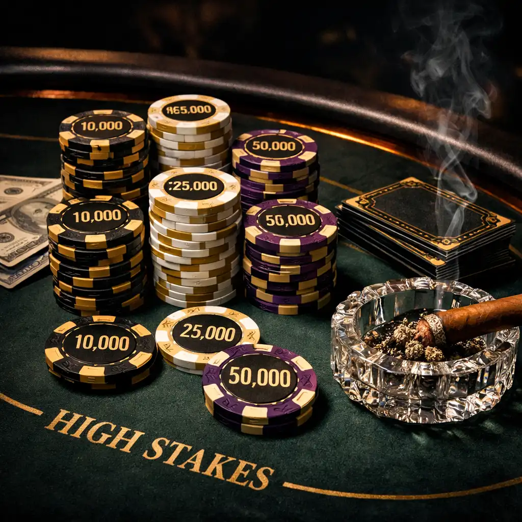 Table de poker high stakes avec des jetons de grande valeur et un éclairage dramatique