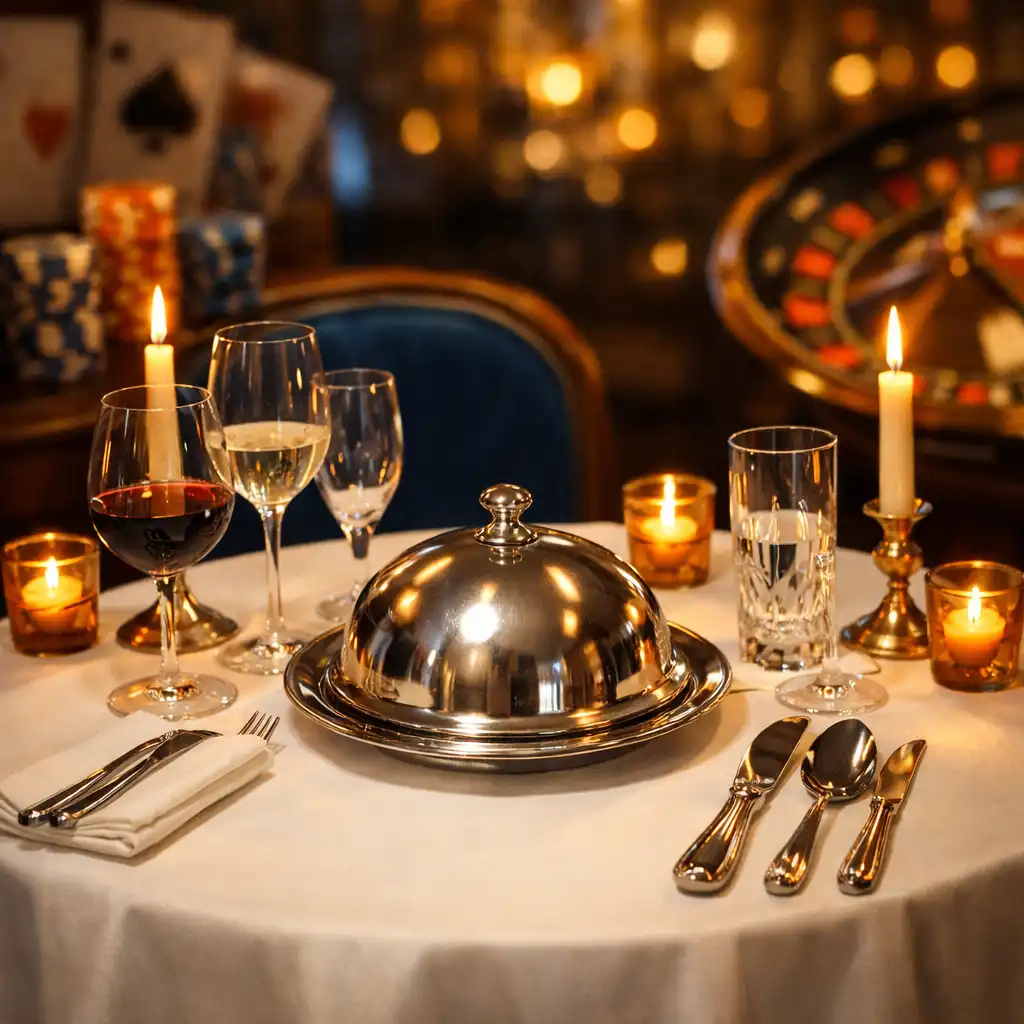 Table élégamment dressée dans le restaurant Saveurs de la Table, avec une cloche de service et des couverts raffinés
