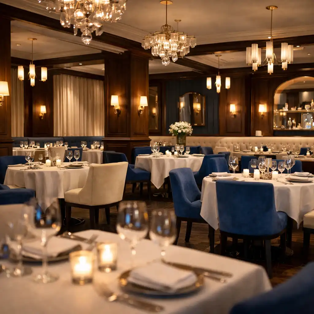Salle de restaurant gastronomique élégante avec tables dressées et éclairage tamisé