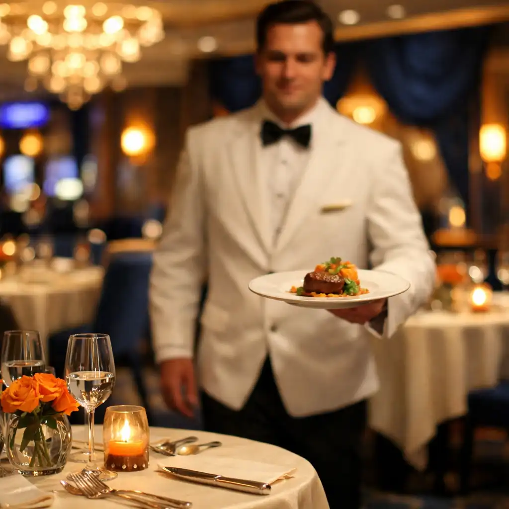 Serveur apportant un plat élégant dans la salle du restaurant