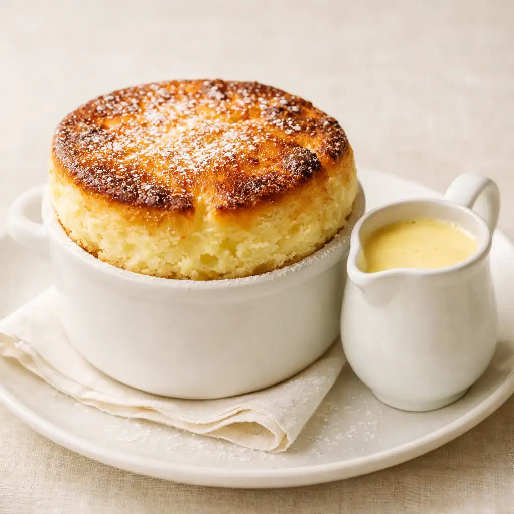 Soufflé au Grand Marnier gonflé et doré dans une cocotte individuelle avec crème anglaise