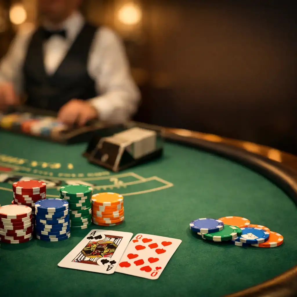 Table de blackjack élégante avec jetons et cartes dans un casino physique